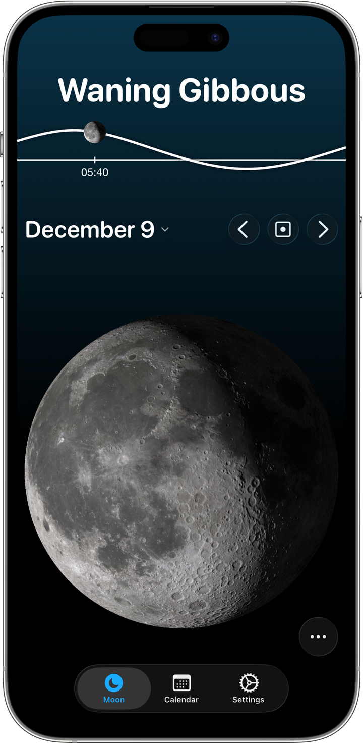 The Moon tab on iPhone: a realistic waning gibbous Moon for December 9, with a lunar elevation graph and date controls