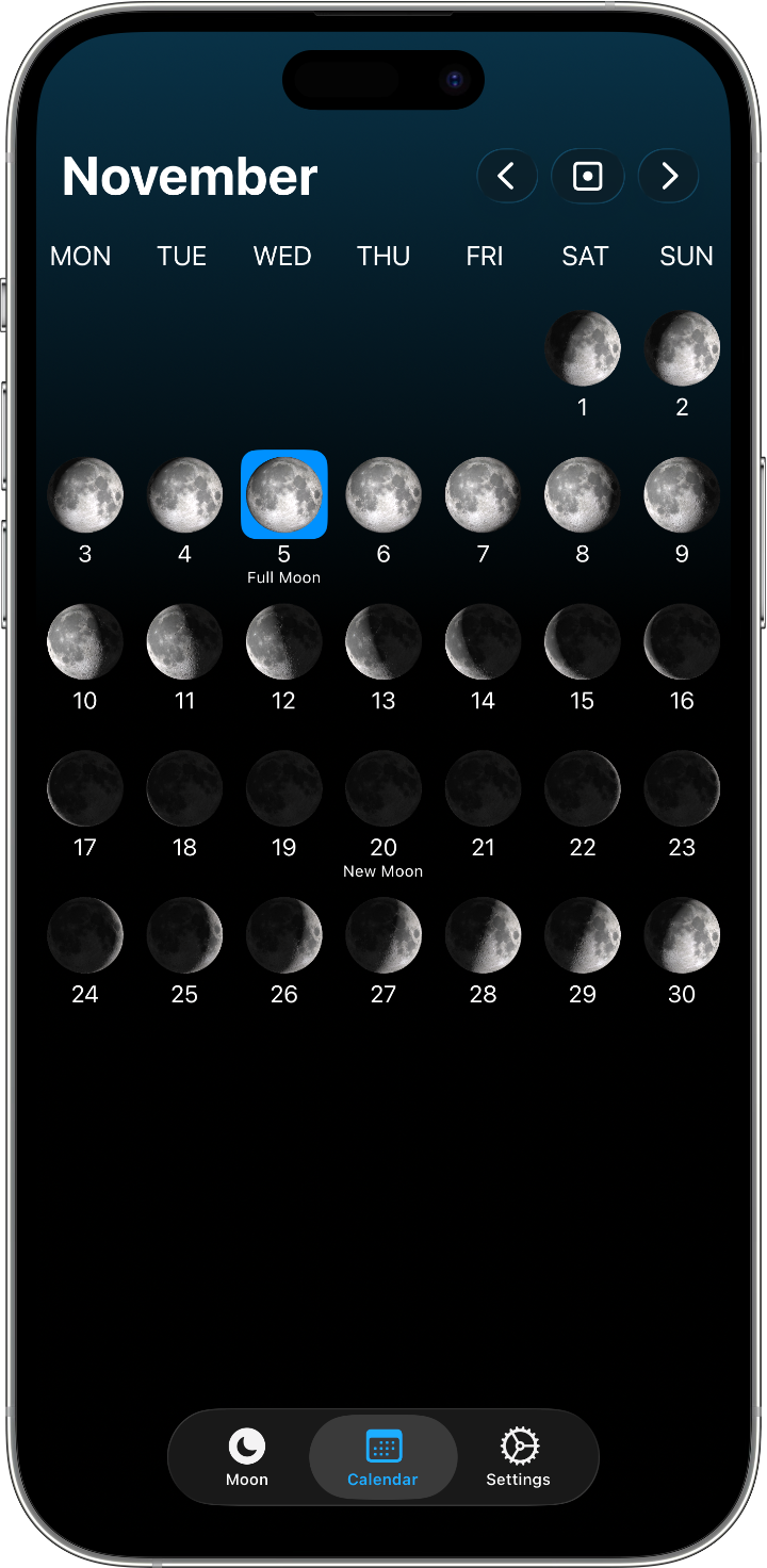 The Lunar app on iPhone showing the Moon view (calendar screenshot coming)