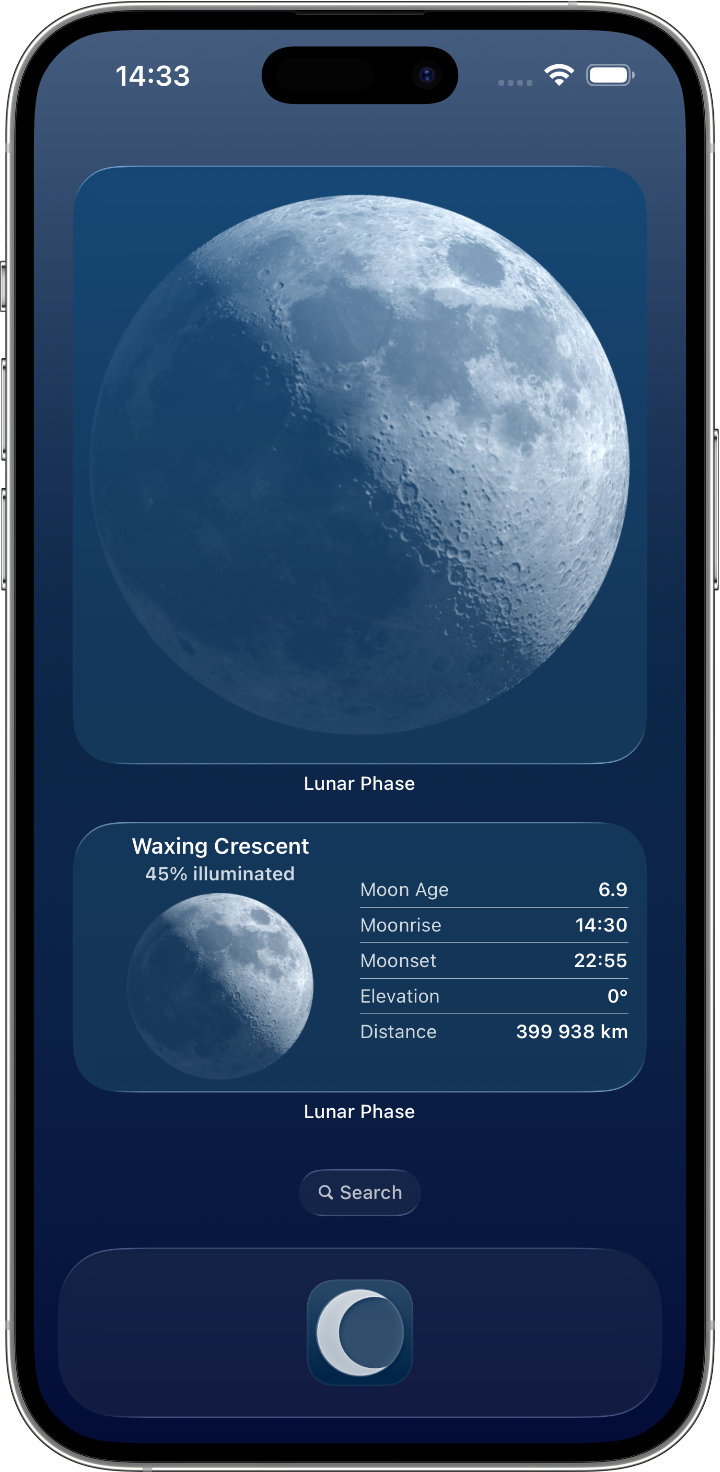 The Lunar app on iPhone showing the Moon view (widgets screenshot coming)